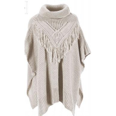 One Size Cable + Fringe Cowl Neck Poncho