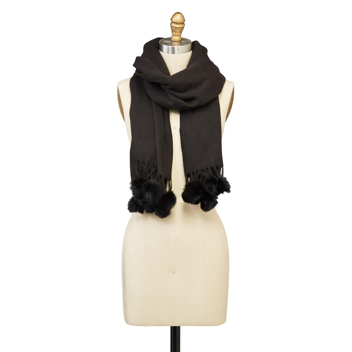 Cashmere-Like Scarf with Tassels and Fur Pom Poms