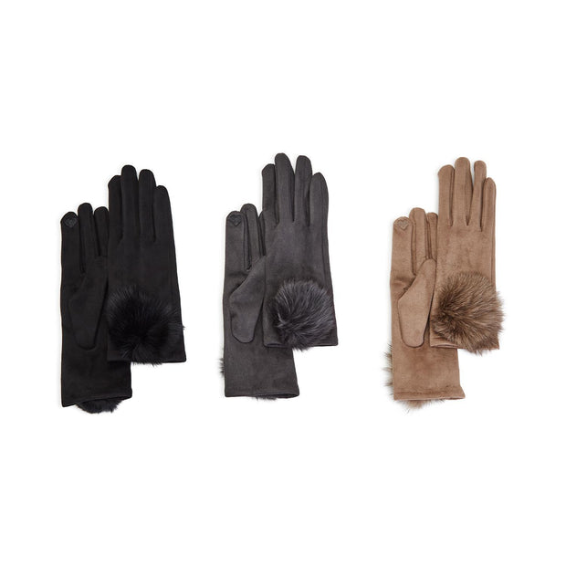 Microsuede Gloves with Genuine Fur Pom Pom with Touchscreen Fingertips