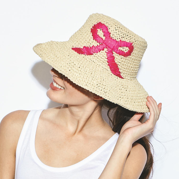 Embroidered Bow Straw Floppy Hat