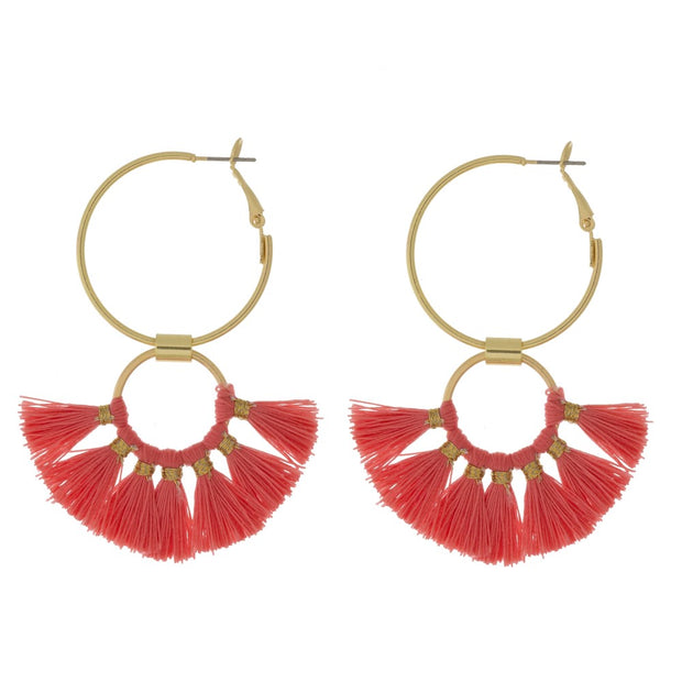 Double hoop earrings with fanned tassels