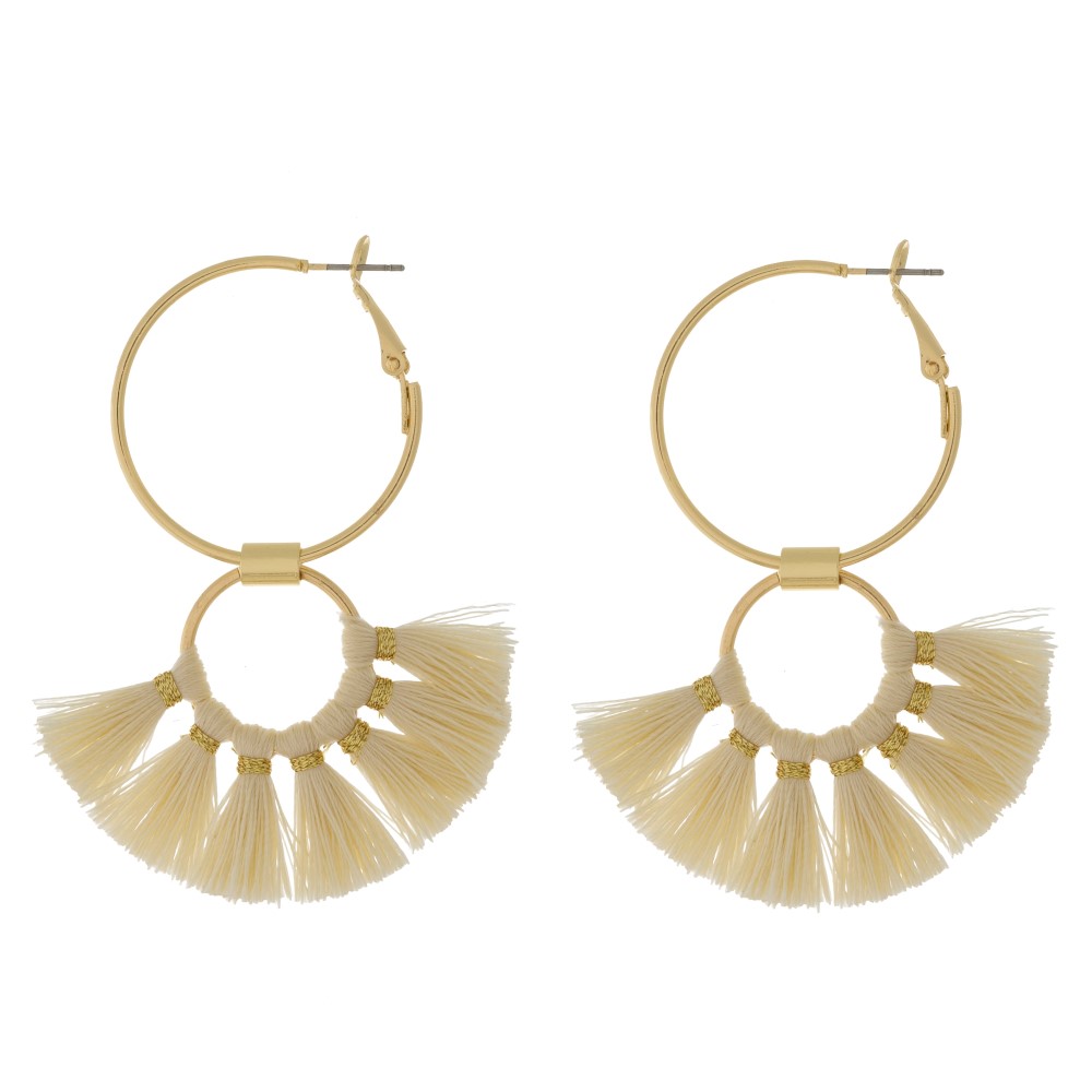 Double hoop earrings with fanned tassels
