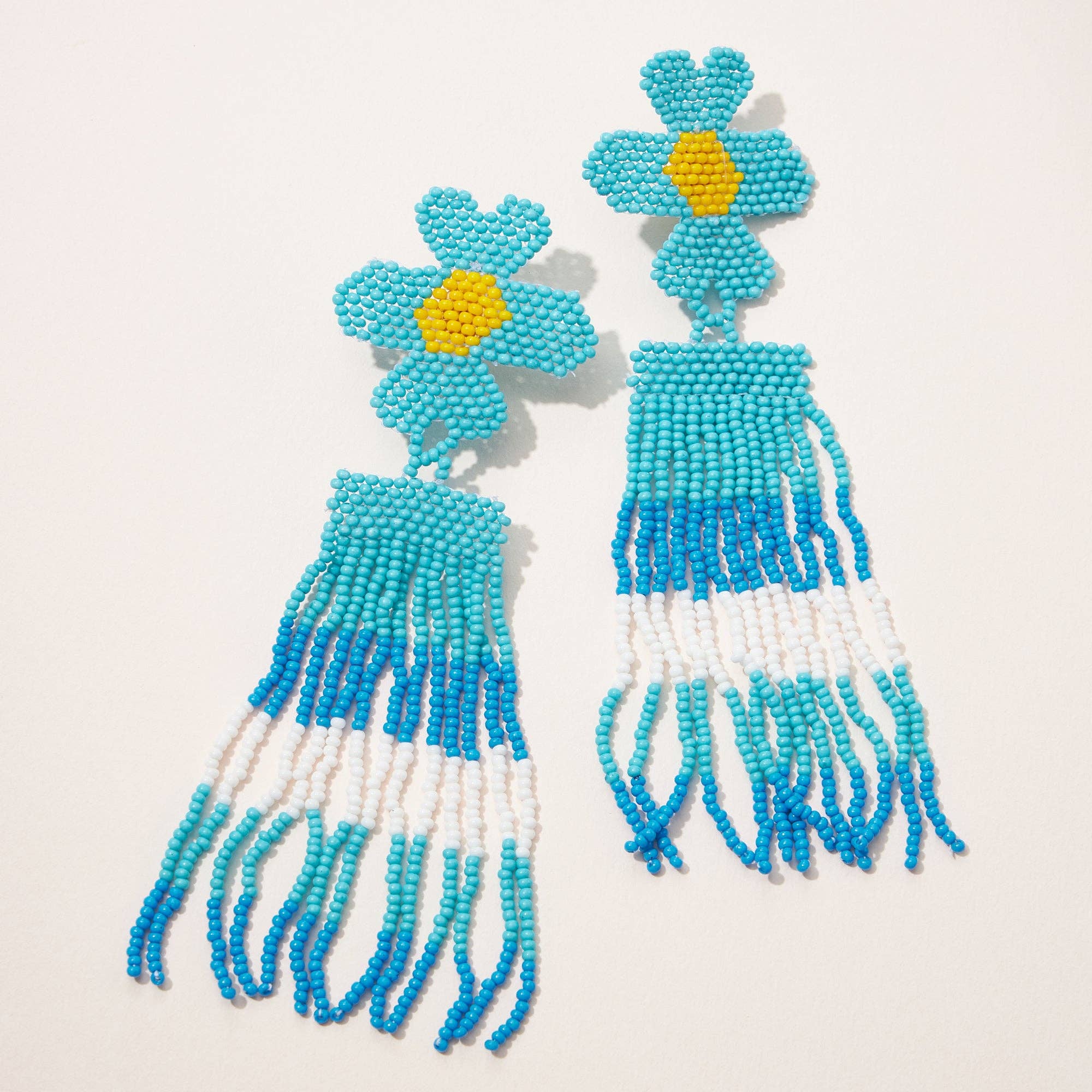 White Beaded Flower Earrings with Blue Fringe | cheapest Handmade Earrings