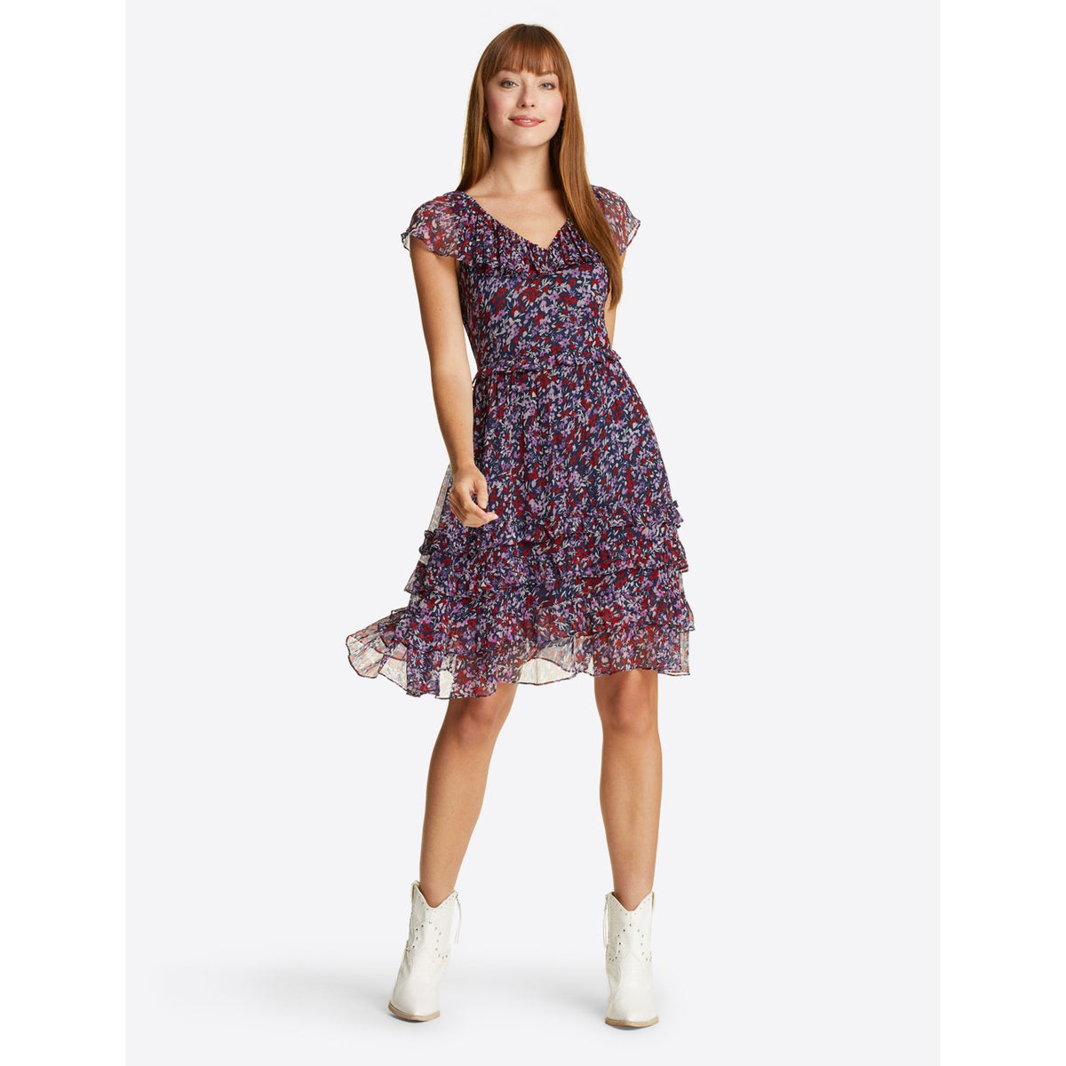 Wispy Floral Flounce Ruffle V Neck Dress Wispy Floral Flounce Ruffle V Neck Dress