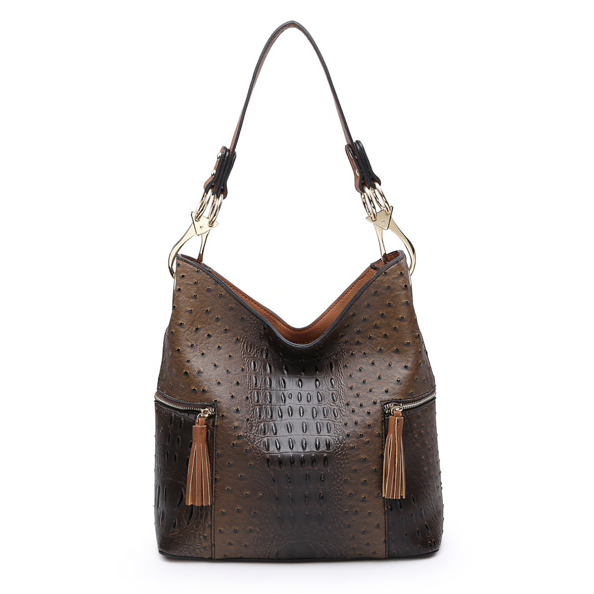 Ostrich/Croc Tassel Zip Hobo Bag