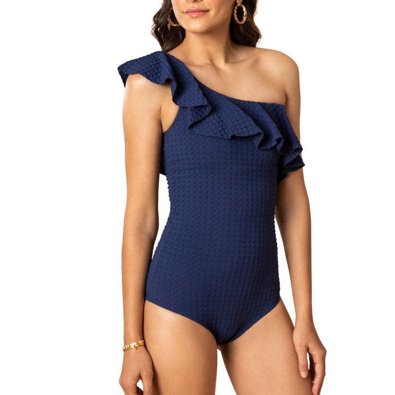 Solid One Shoulder Ruffle One Piece
