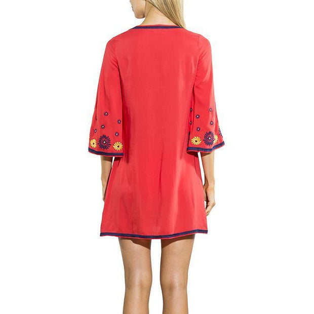 Floral Embroidery Tie Neck Tunic