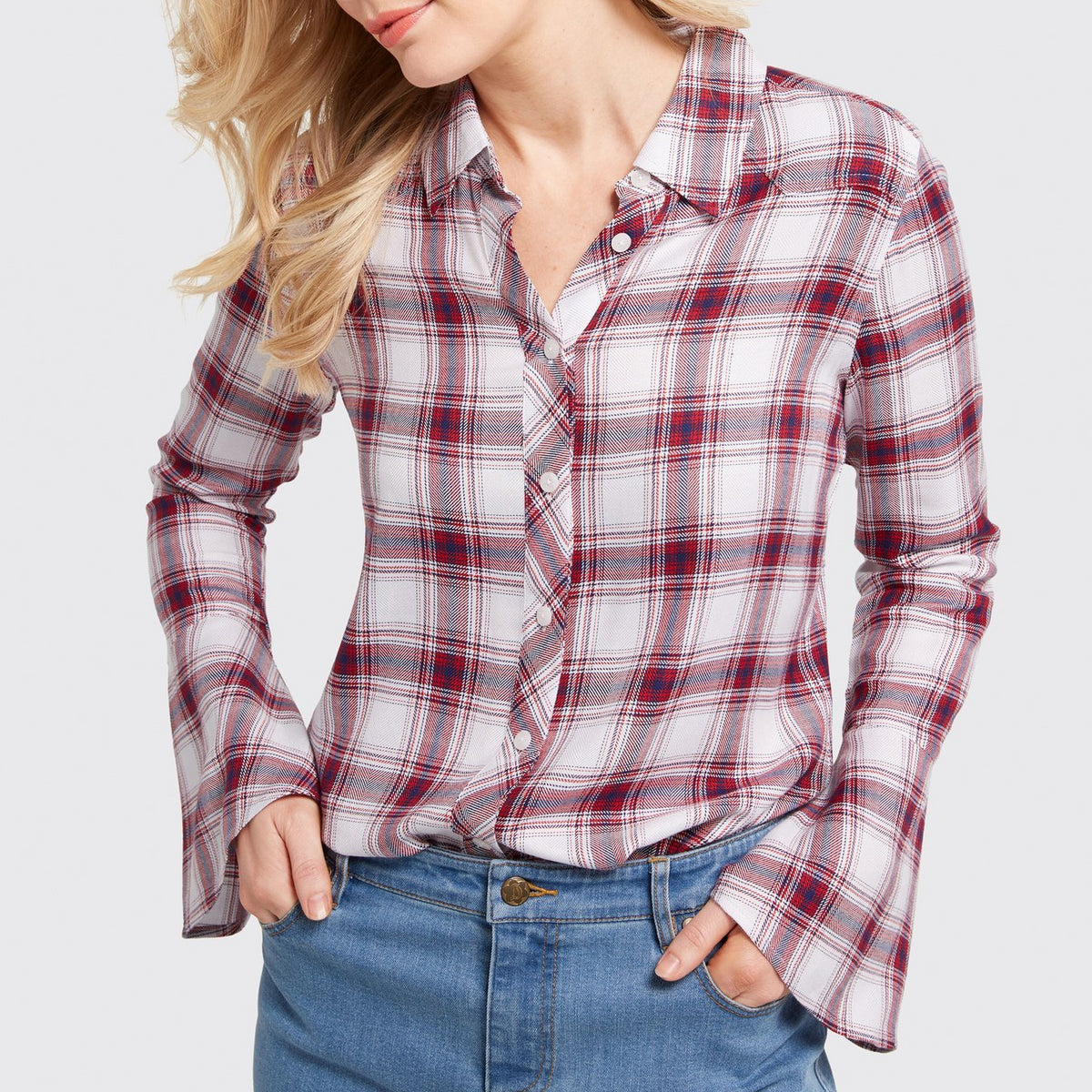 Bell Sleeve Plaid Button Up