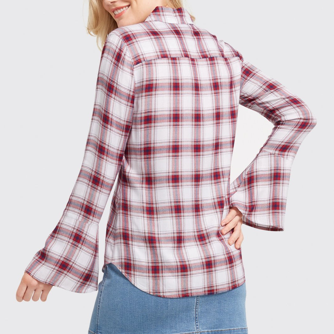 Bell Sleeve Plaid Button Up