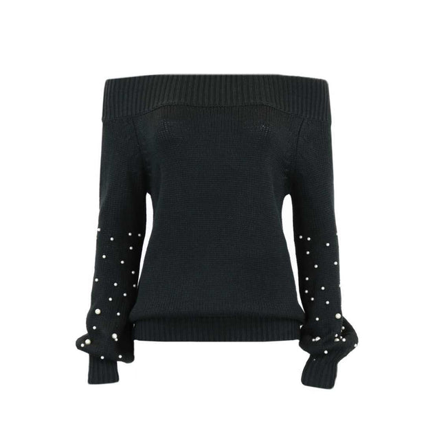 Solid Off Shoulder Wide Neck Sweater with Pearls