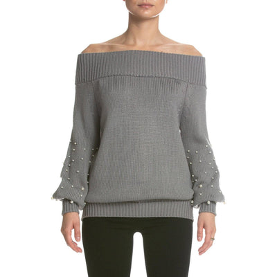 Off Shoulder Wide Neck Sweater with Pearls