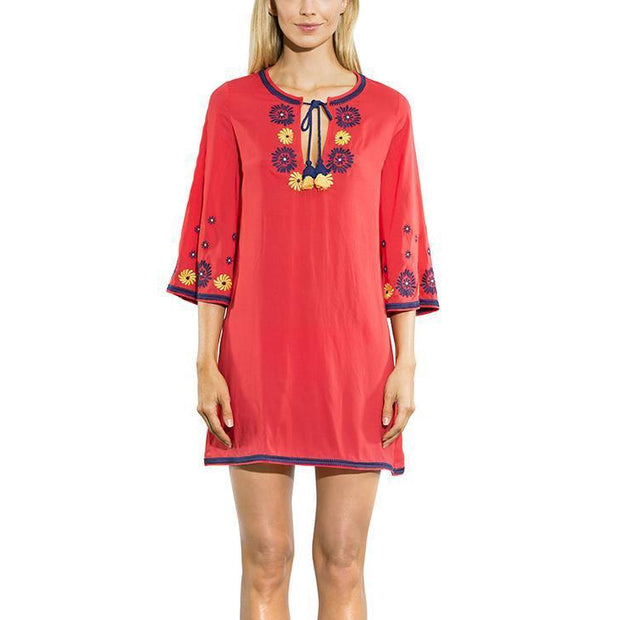 Floral Embroidery Tie Neck Tunic